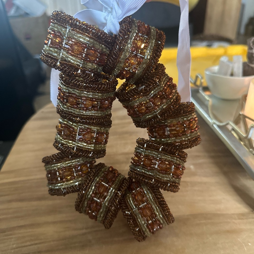Set of 10 Beaded amber brown gold napkin rings